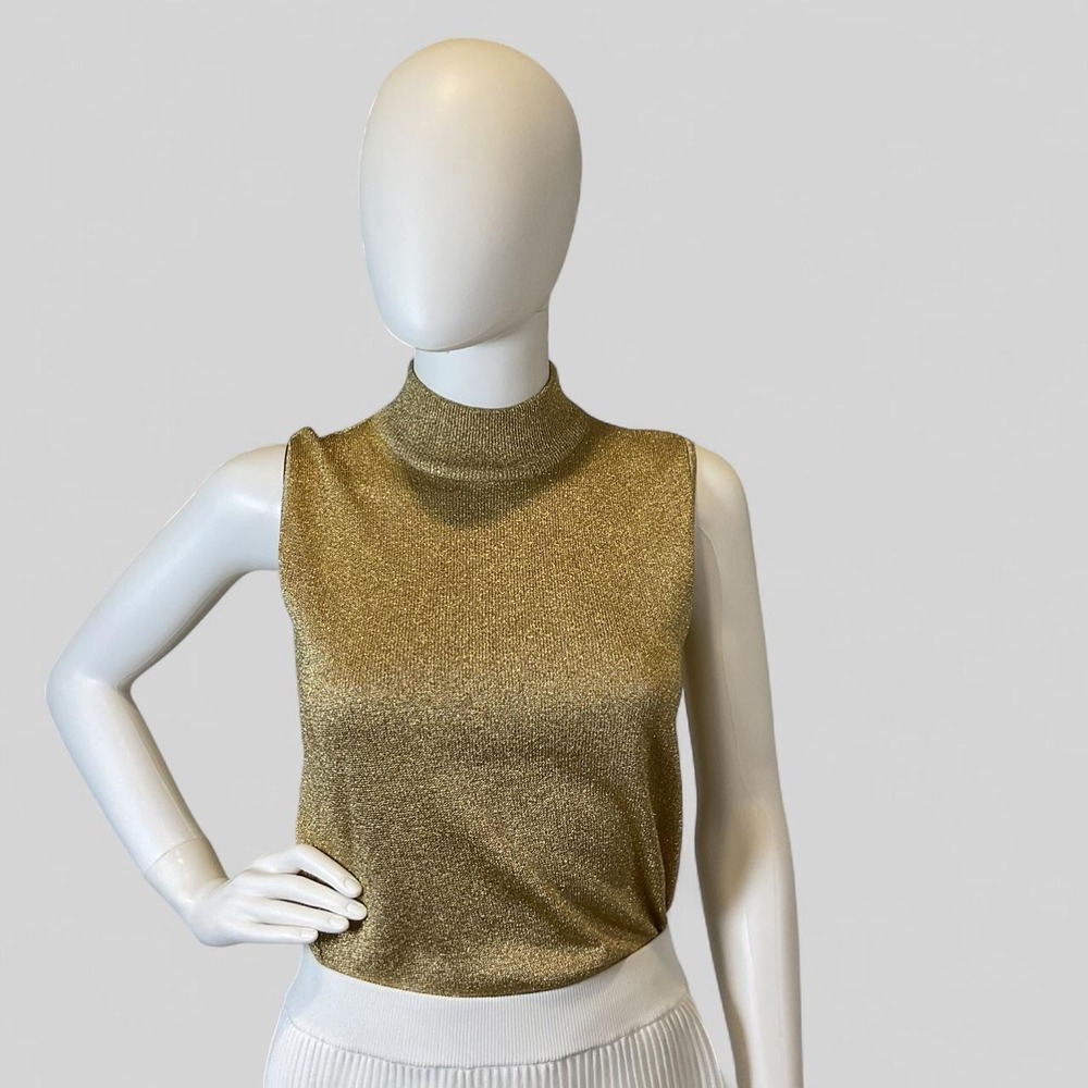 Cache Gold Metallic Mock Neck Sleeveless Knit Top Size S Y2K Party Holiday Glam